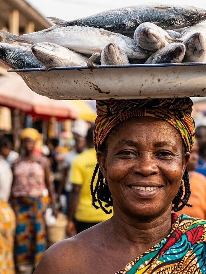 Woman carrying a tray of fresh fish at a West African market