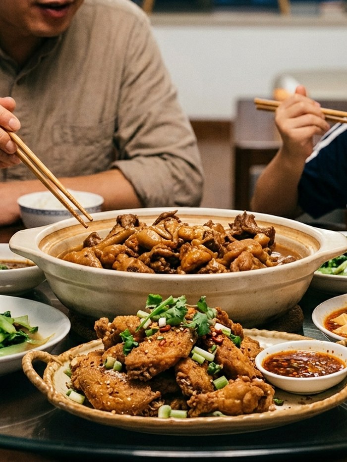Family sharing a chicken meal at home