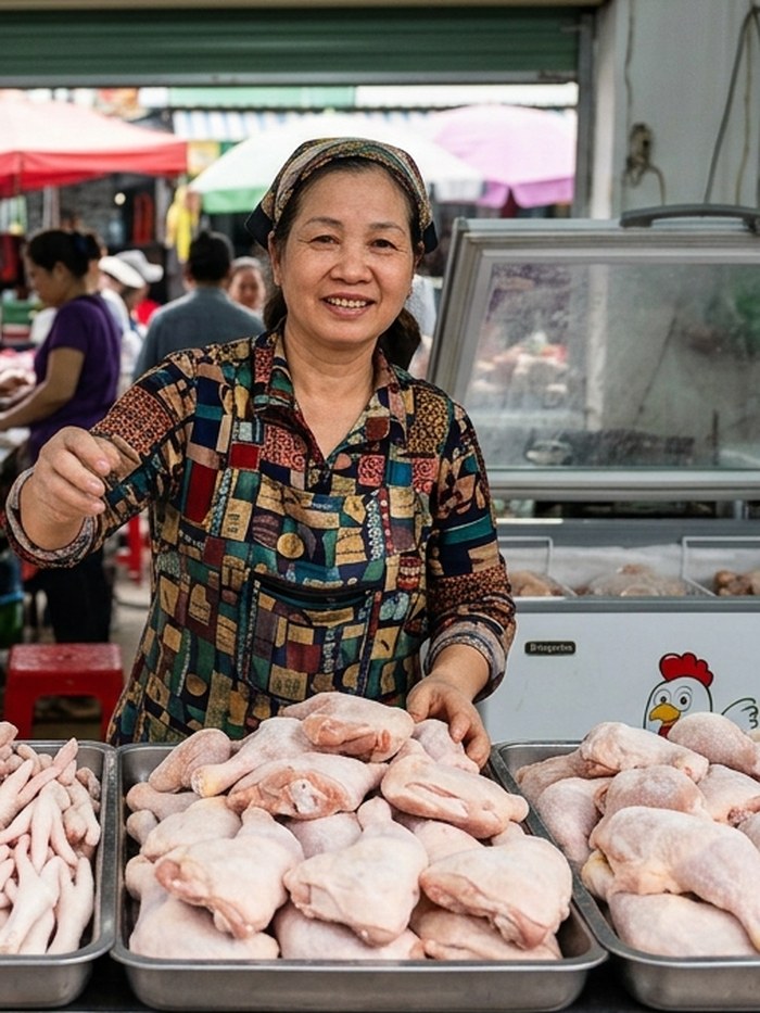 Vendor at an Asian frozen-chicken market stall